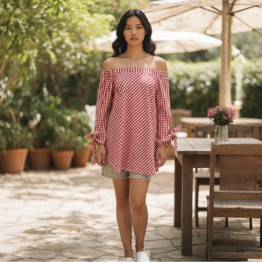 Comfy USA Red White Gingham Off Shoulder Tunic Blouse SZ M - Picture 3 of 6